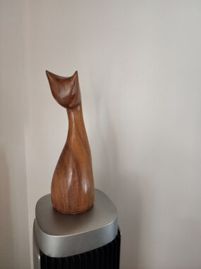 MCM Carved Wooden Cat Sculpture - Warm Brown Finish